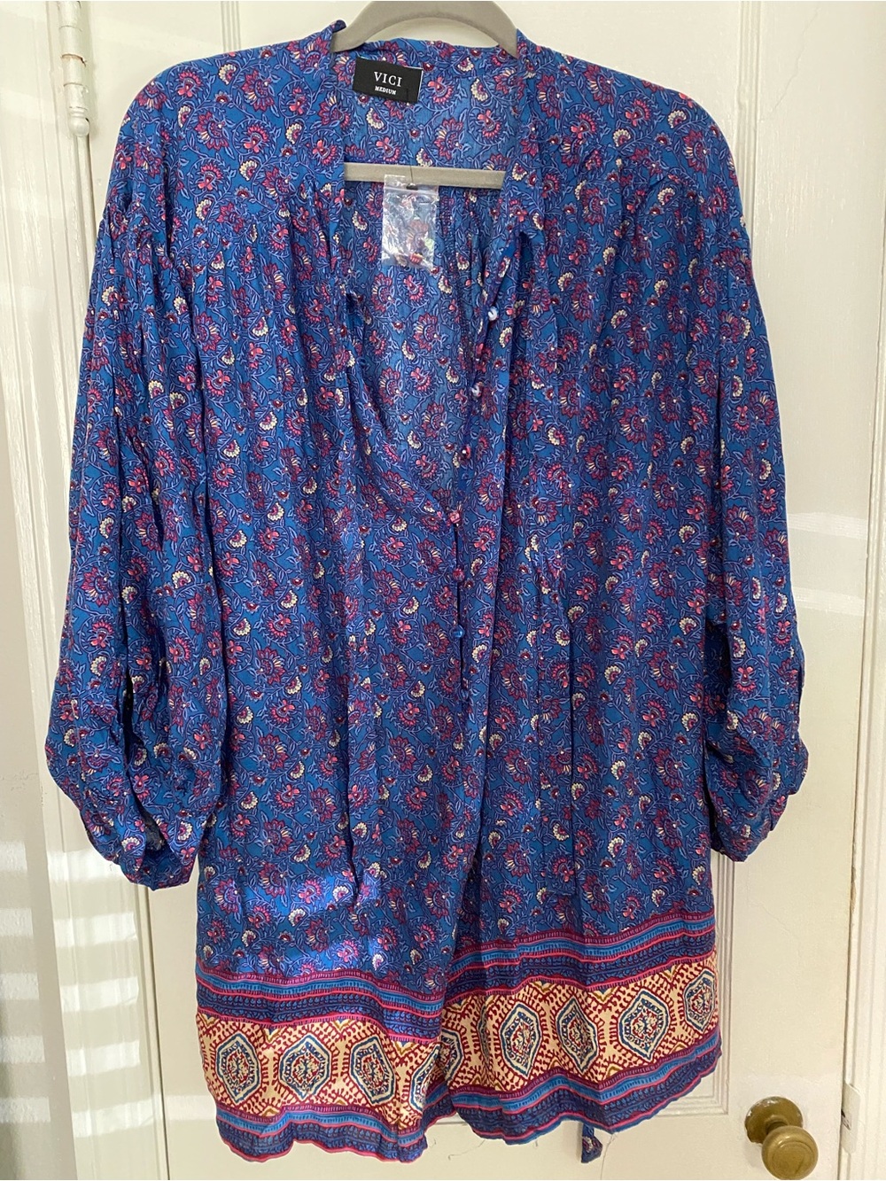 VICI Blue and Pink Paisley Border-Trim Romper - Picture 1 of 1